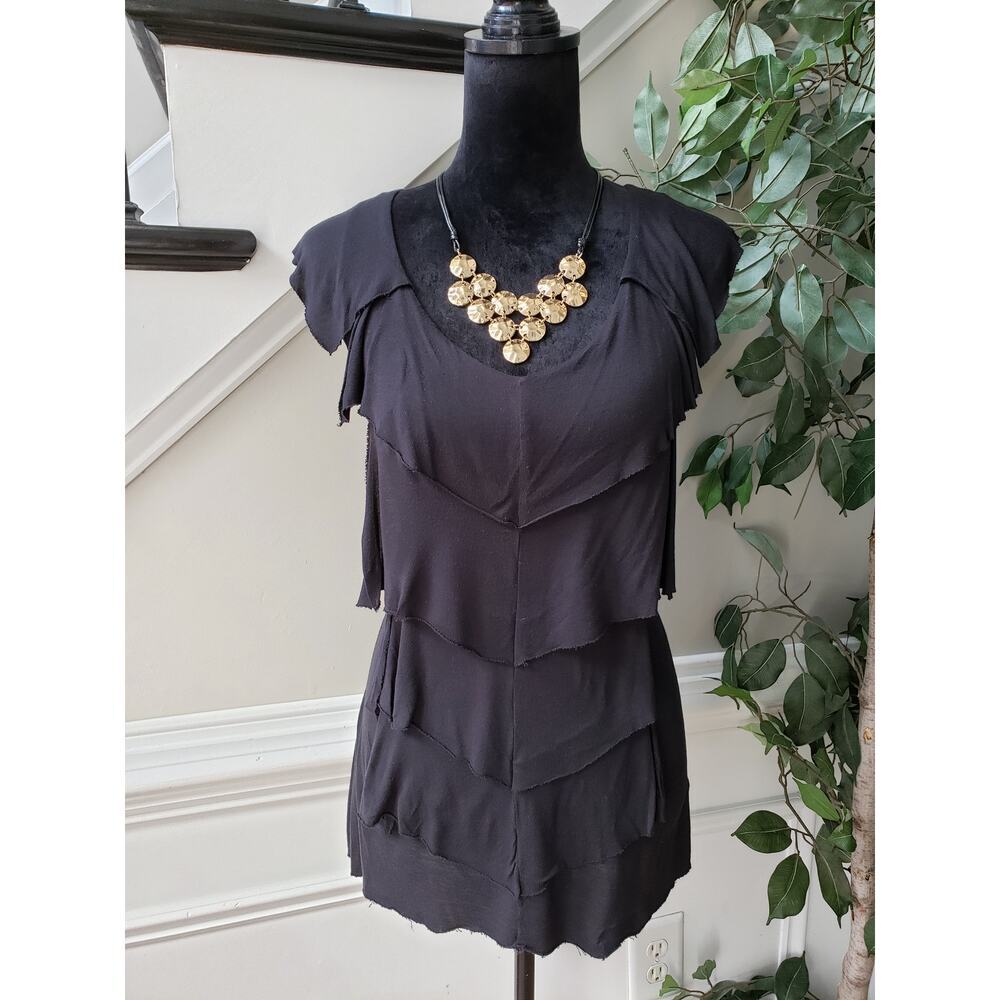 CAbi Top Blouse Women's Small Black Tiered Ruffle Front Sleeveless Round Neck